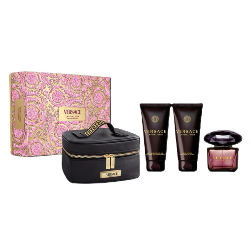 VERSACE CRYSTAL NOIR 4 PCS SET FOR WOMEN: 3 OZ EAU DE PARFUM SPRAY + 3.4 BODY LOTION + 3.4 BATH AND SHOWER GEL + TRAVEL POUCH